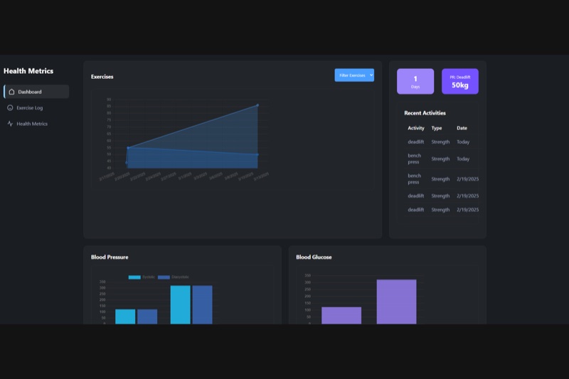 Health Metrics dashboard showing exercise, blood pressure, and blood glucose charts
